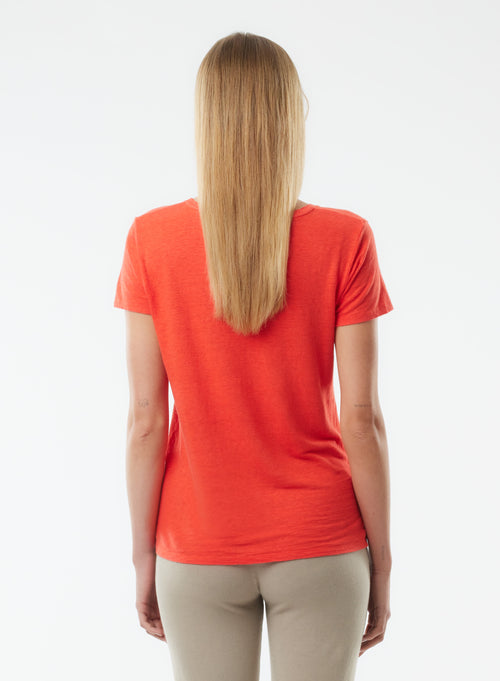 Tee shirt Orange Manches Courtes Col V en Lin / Elasthanne - MAJESTIC FILATURES