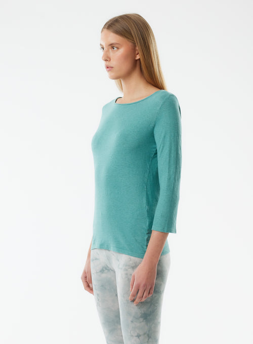 Tee shirt Bleu Manches 3/4 Col Bateau en Lin / Elasthanne - MAJESTIC FILATURES