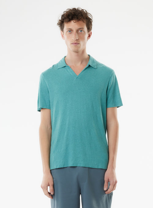 Tee shirt Bleu Manches Courtes Col Polo en Lin / Elasthanne - MAJESTIC FILATURES