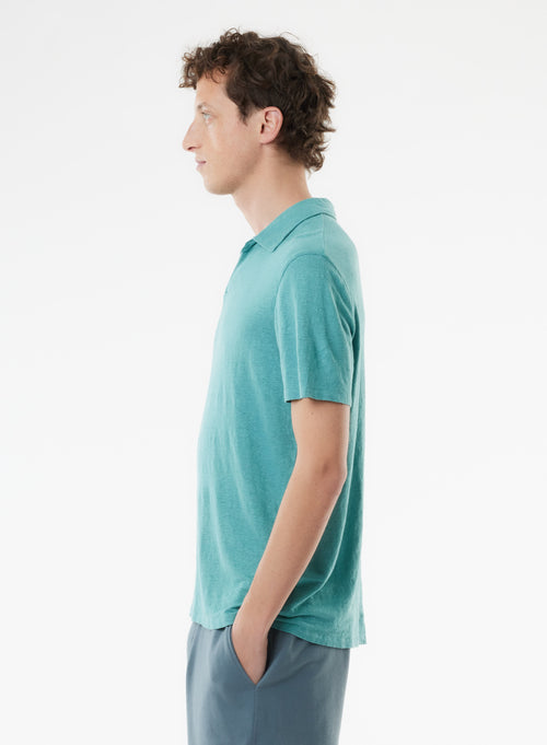 Tee shirt Bleu Manches Courtes Col Polo en Lin / Elasthanne - MAJESTIC FILATURES