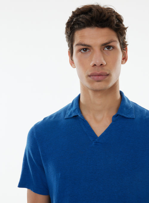 Tee shirt Bleu Manches Courtes Col Polo en Lin / Elasthanne - MAJESTIC FILATURES