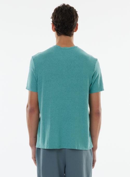 Tee shirt Bleu Manches Courtes Col Rond en Lin / Elasthanne - MAJESTIC FILATURES