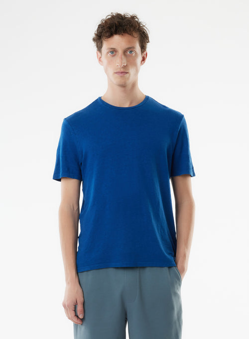 Tee shirt Bleu Manches Courtes Col Rond en Lin / Elasthanne - MAJESTIC FILATURES