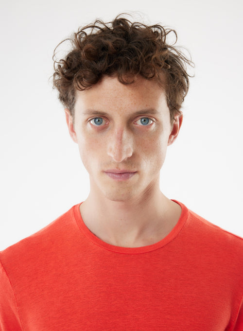 Orange Kurzarm-T-Shirt mit Rundhalsausschnitt aus Leinen / Elasthan - MAJESTIC FILATURES