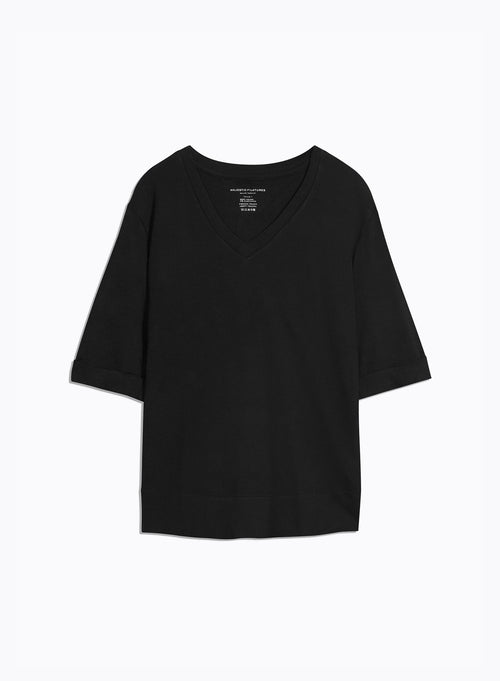 Tee shirt Noir Manches Coudes Col V en Viscose / Elasthanne - MAJESTIC FILATURES